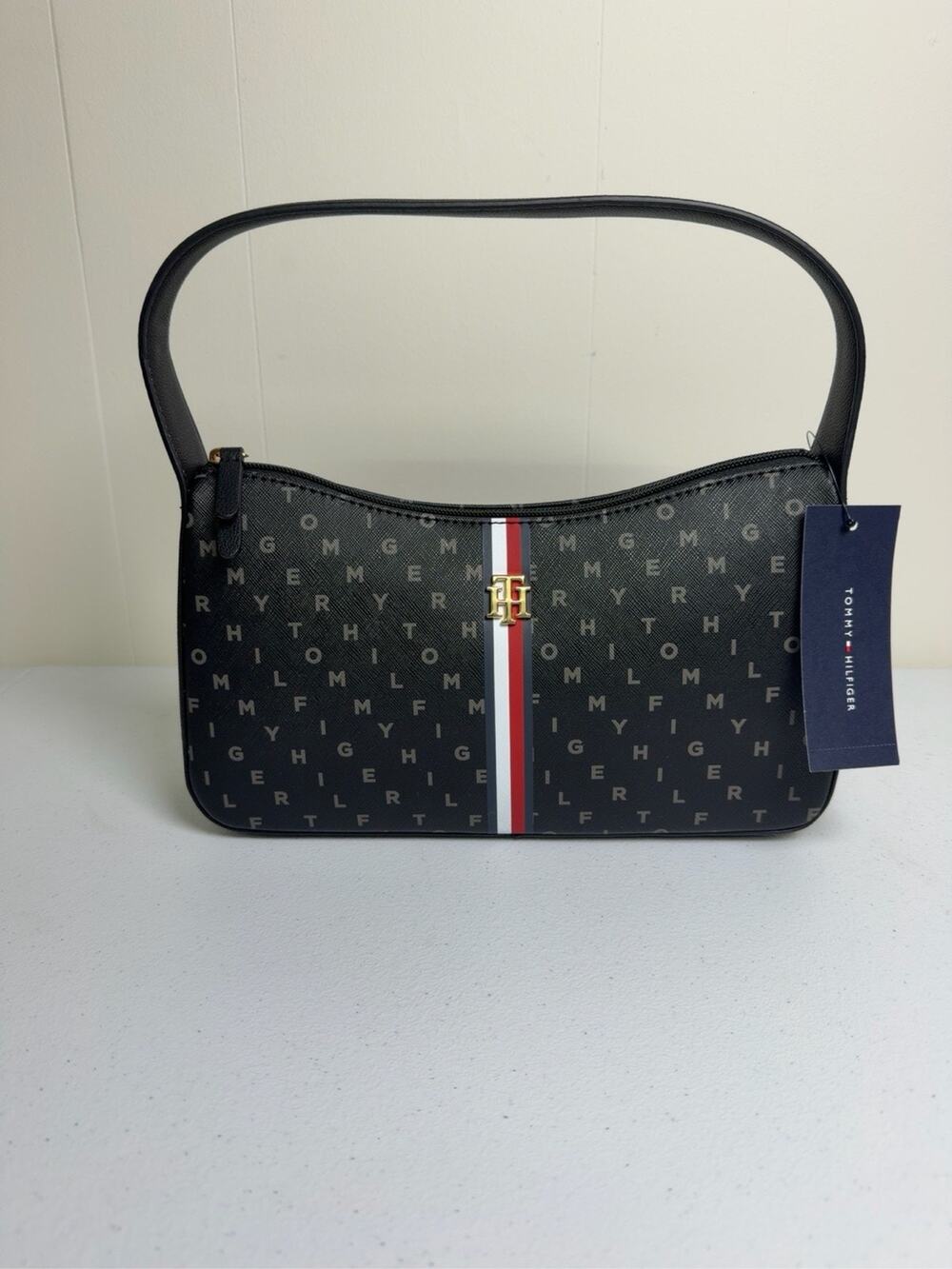 Tommy Hilfiger Monogram Shoulder Bag Black Red White Stripe Gold Logo